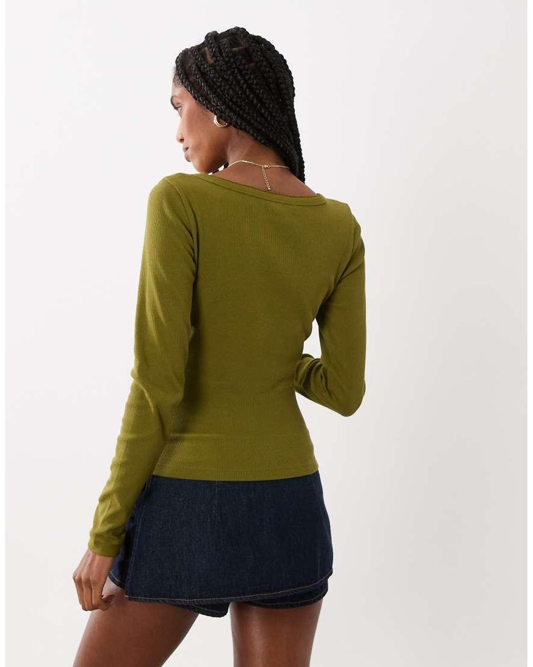 Miss Selfridge Green Long Sleeve V Neck Henley Top