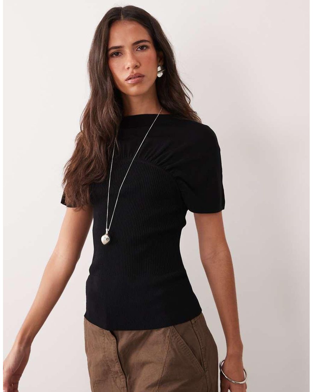 ASOS Black Ruched Detail Fine Knit Top