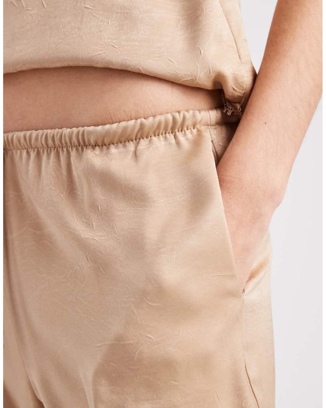 ASOS Natural Crinkle Satin Wide Leg Pull On Trouser