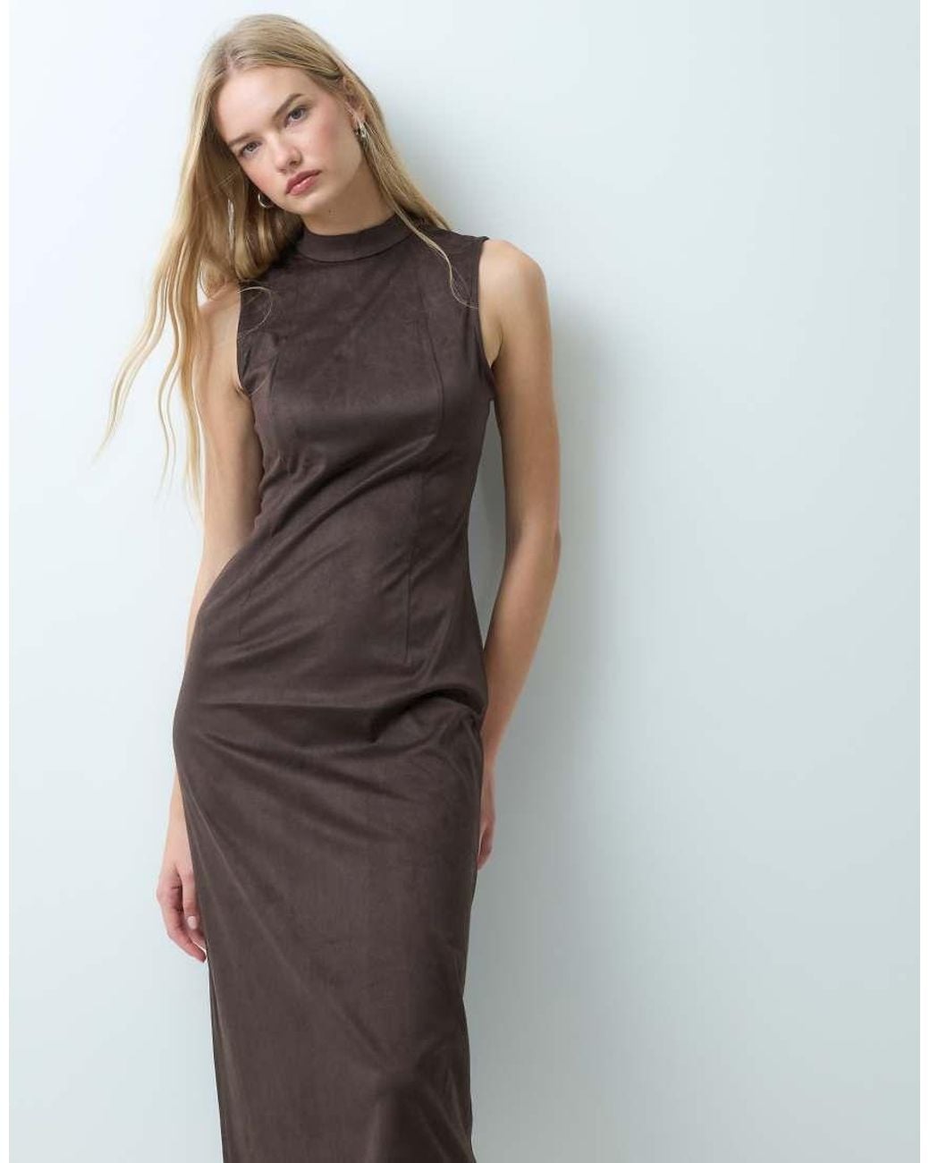 Vila Brown High Neck Faux Suede Maxi Dress