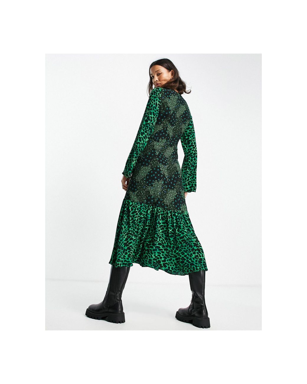 TOPSHOP Mix And Match Star And Leopard Print Button Front Midi Dress in  Green | Lyst