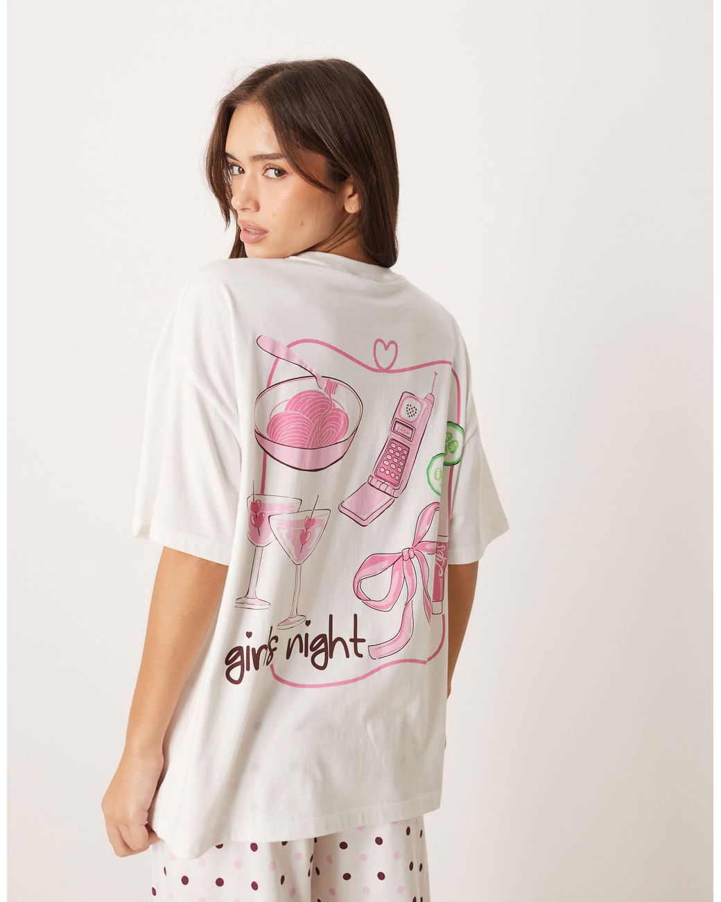 ASOS Natural – pyjama aus jersey, bestehend aus oversize-t-shirt mit "girls night"-motivprint und weit geschnittener hose