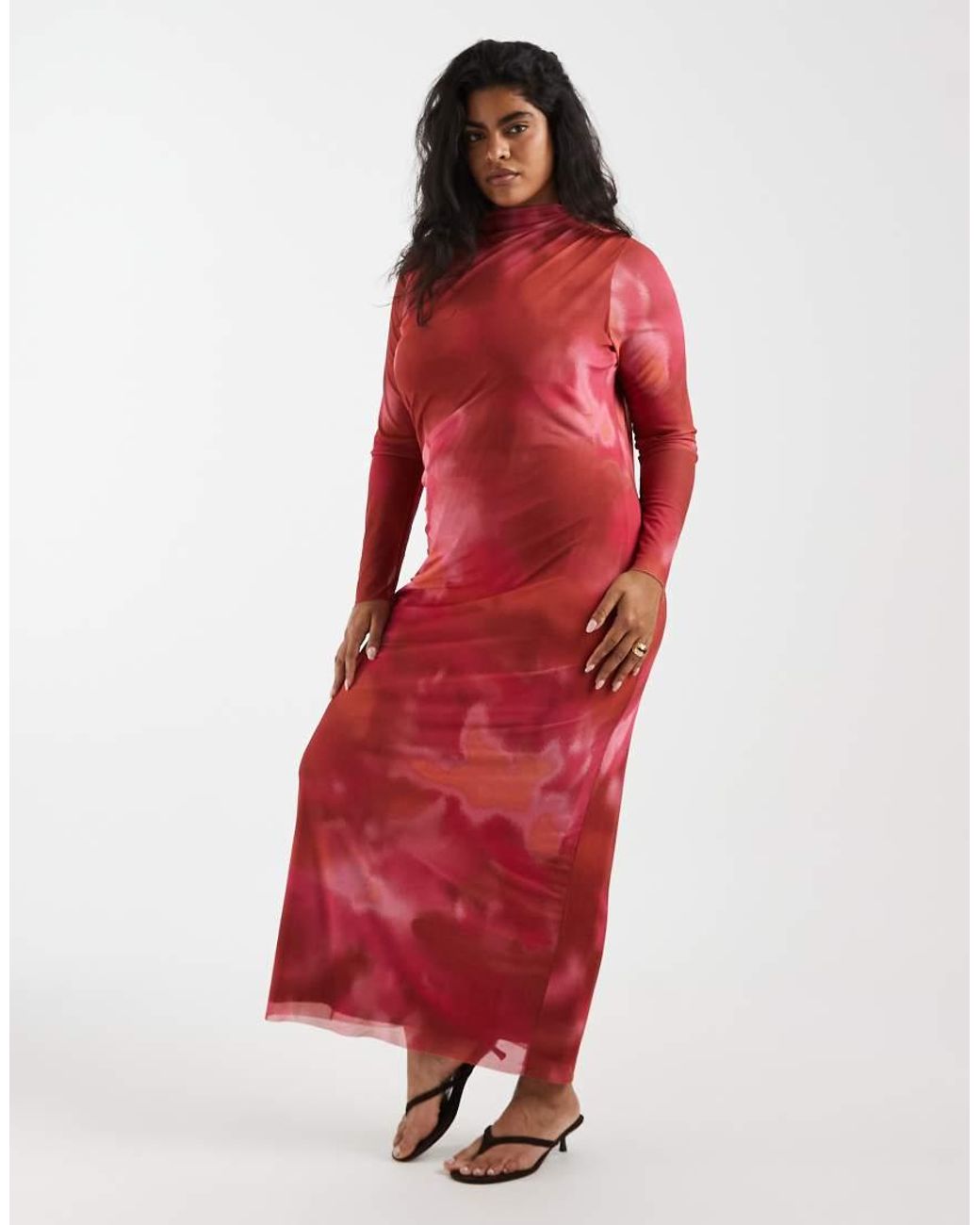 Vero Moda Red Long Sleeve Drapey Mesh Maxi Dress