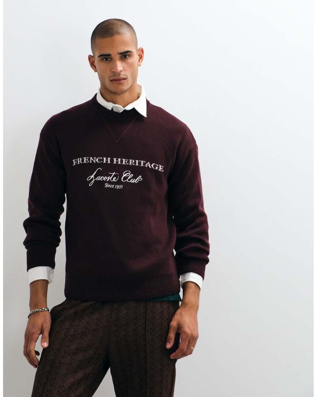 Lacoste Blue Tennis Heritage Back Graphic Jaquard Wool Blend Crew Neck Sweater for men