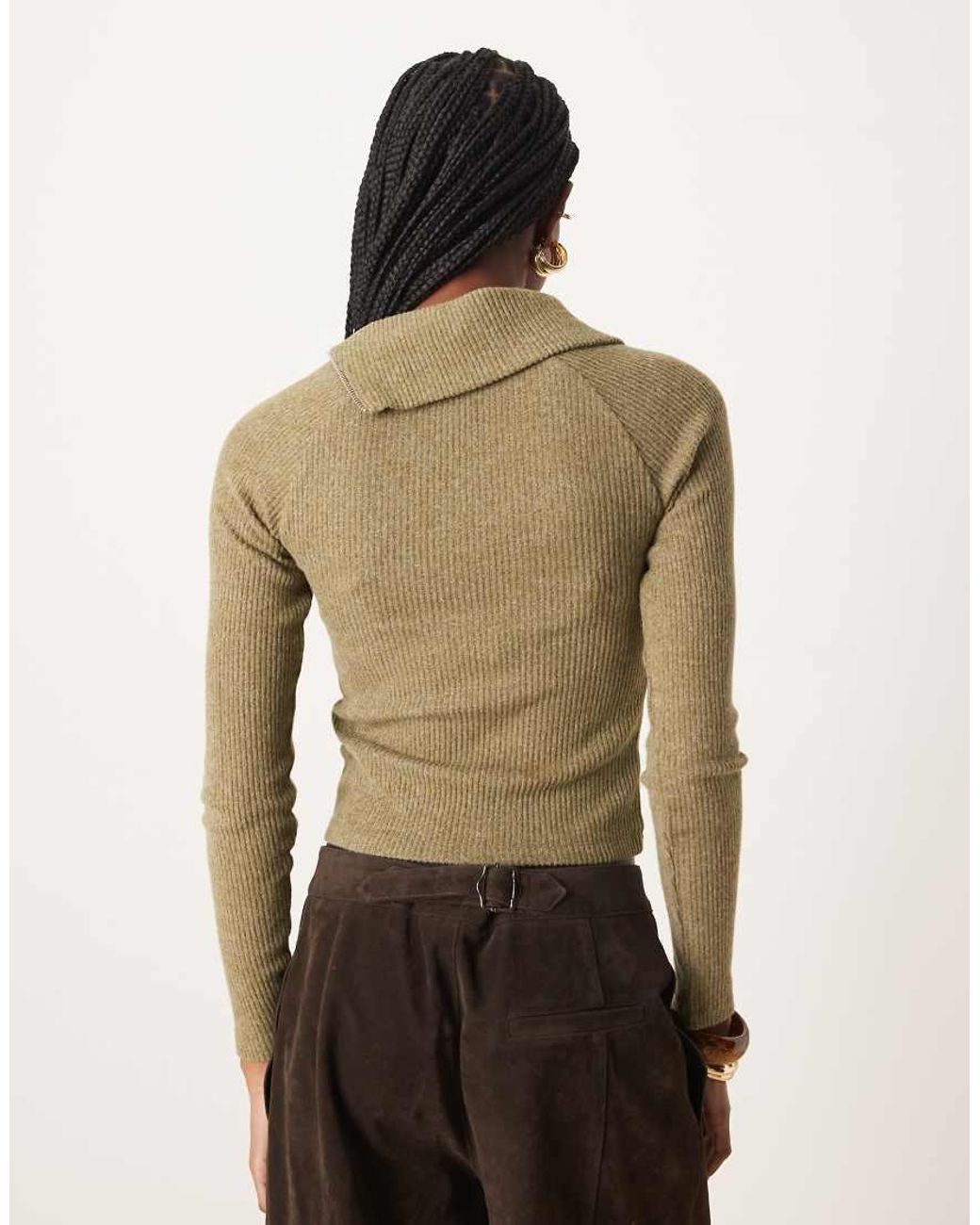 ASOS Green Supersoft Brushed Rib Long Sleeve Top With Zip Detail