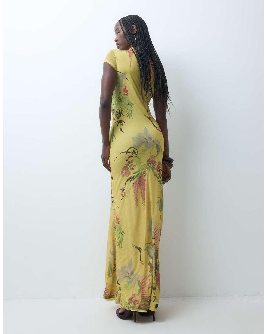 ASOS Green Printed Stretch Chiffon Maxi Dress With Mandarin Collar