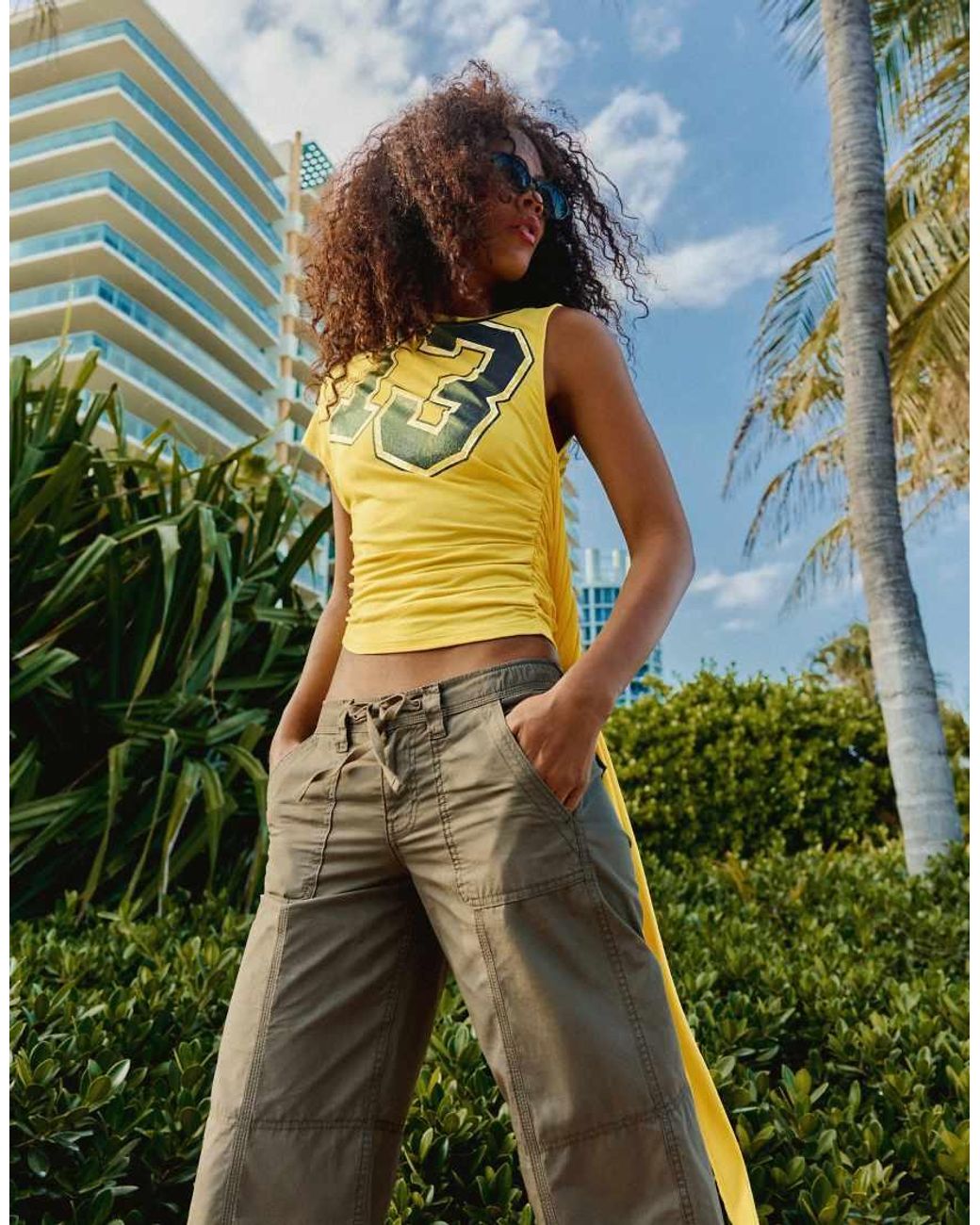 Bershka Yellow Asymmetric Ruched Kerchief Top