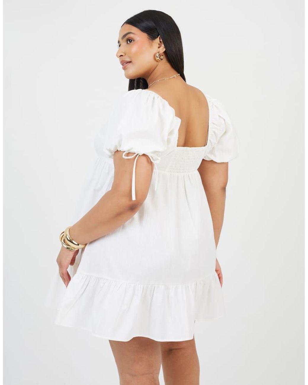 Brave Soul White Curve Cotton Puff Sleeve Mini Dress