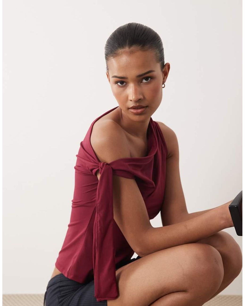 Gina Tricot Red Soft One Shoulder Tie Top