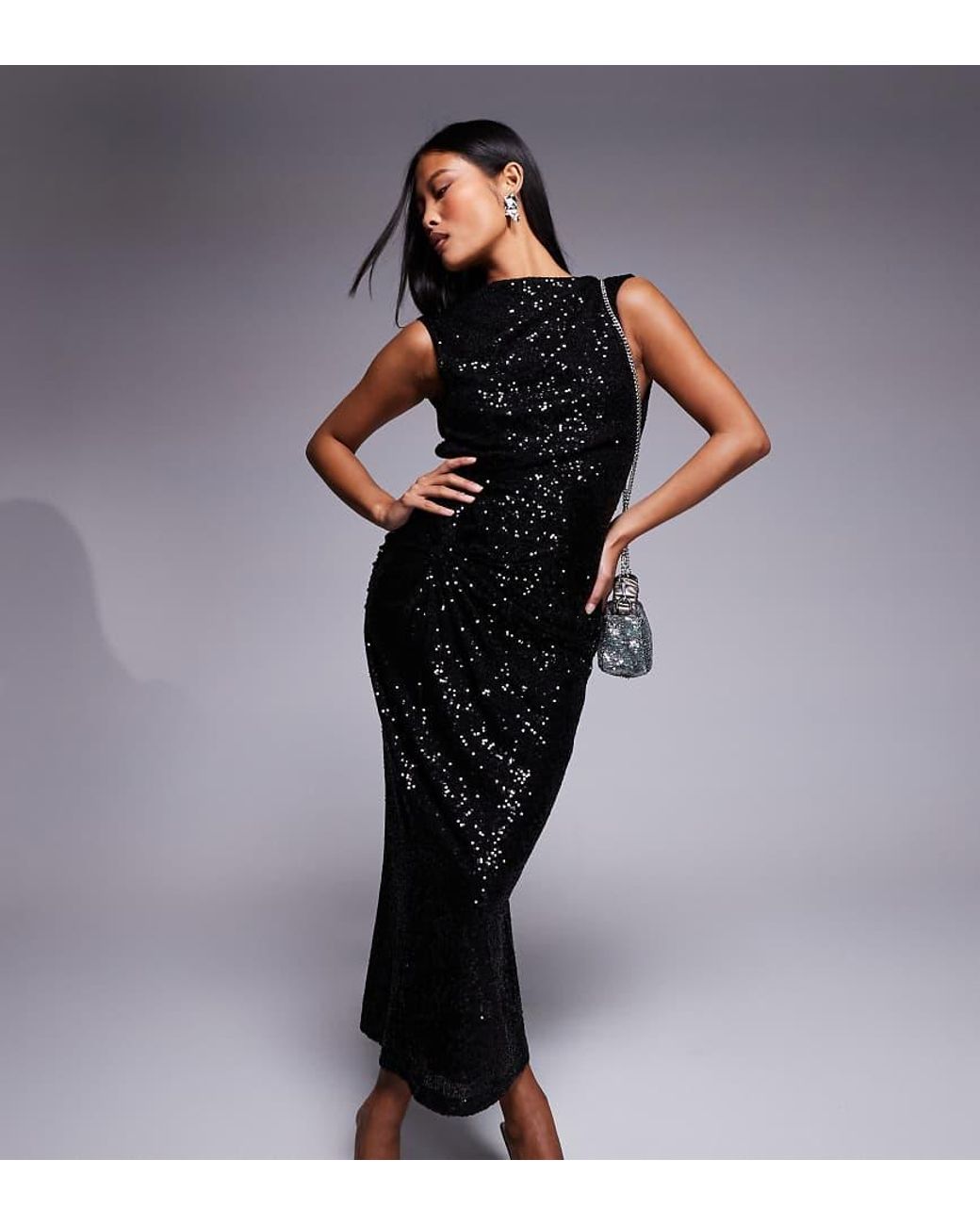 ASOS Asos Design Petite Sequin High Neck Midi Dress With Asymmetric Cowl  Back in Black | Lyst UK