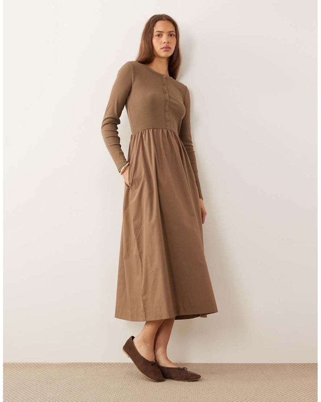 Threadbare Natural Jersey Poplin-mix Midi Dress With Button-through Top