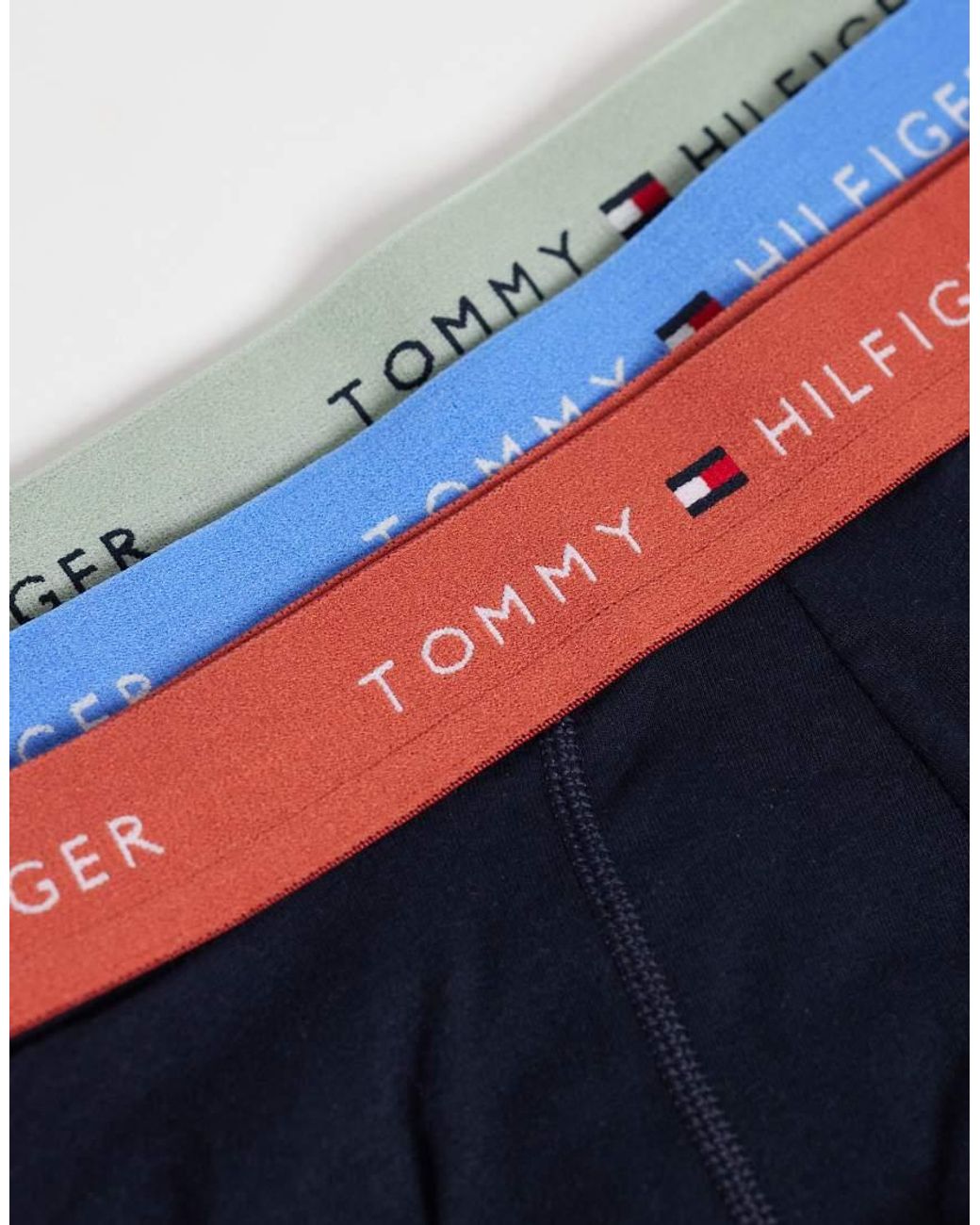Tommy Hilfiger Signature Cotton 3 Pack Trunks With Blue/grey/red Waistbands for men