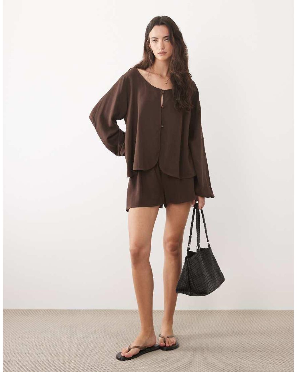 ASOS Brown Linen Blend Volume Sleeve Blouse Co Ord
