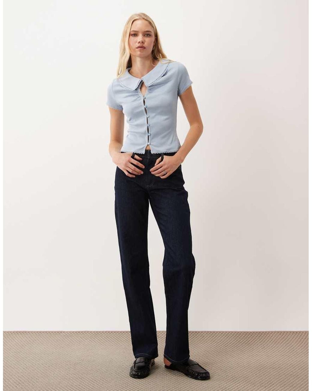 Miss Selfridge Blue Keyhole Button Up Rib Shirt