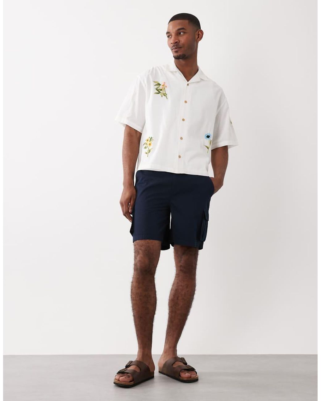 ASOS White Boxy Oversized Shirt With Linen With Floral Embroidery for men