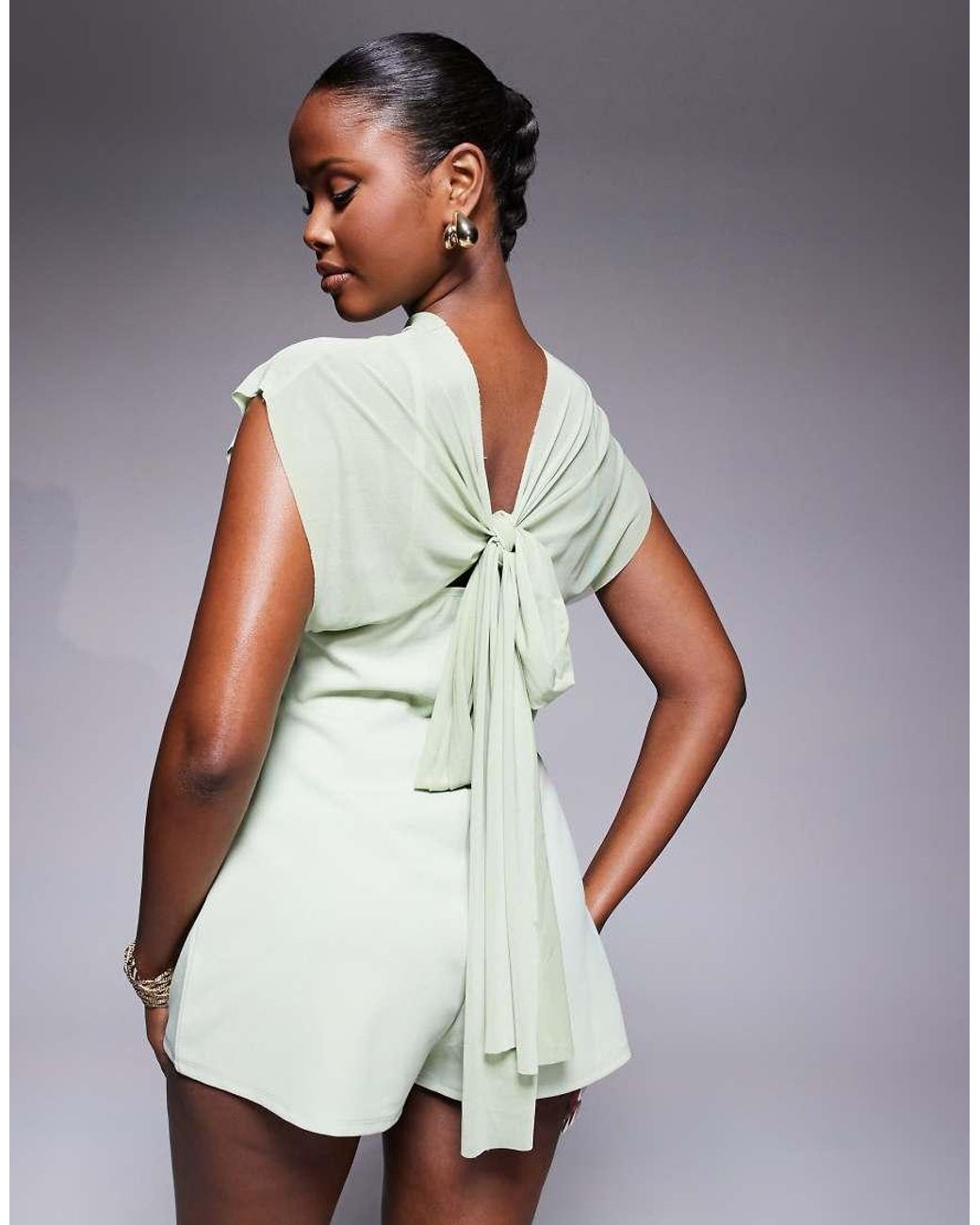 ASOS Green Oversized Puff Sleeve Sheer Overlay Playsuit In