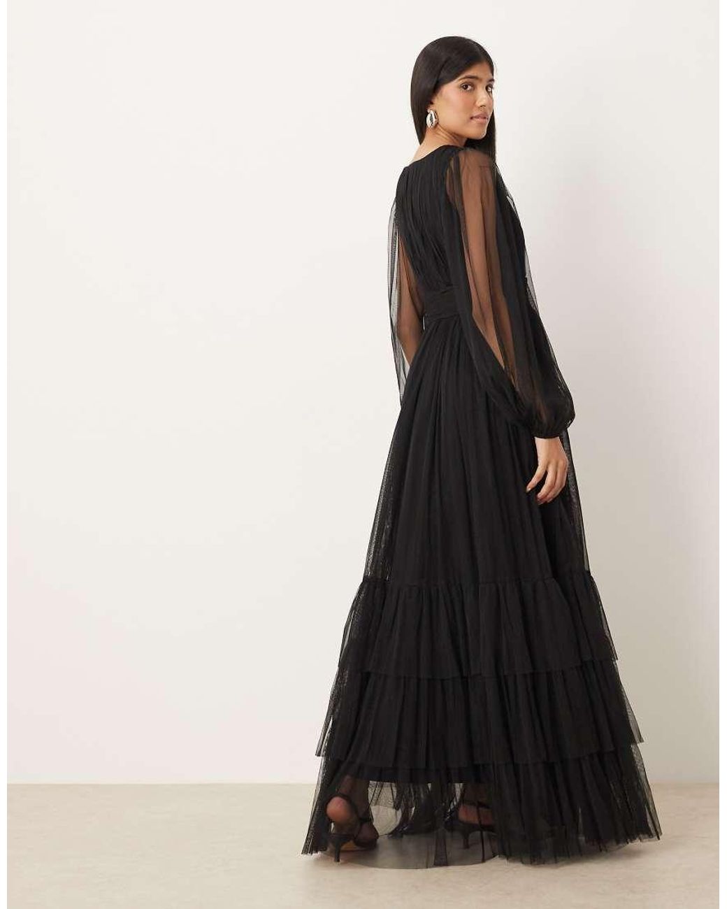 LACE & BEADS Black Bridesmaid Long Sleeve Maxi Dress