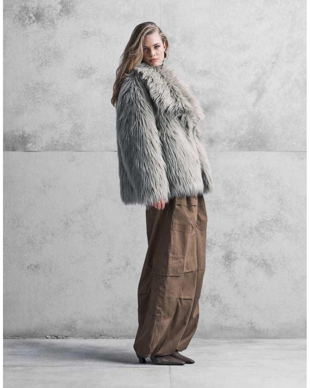 ASOS Gray Oversized Jacket With Faux Fur Collar