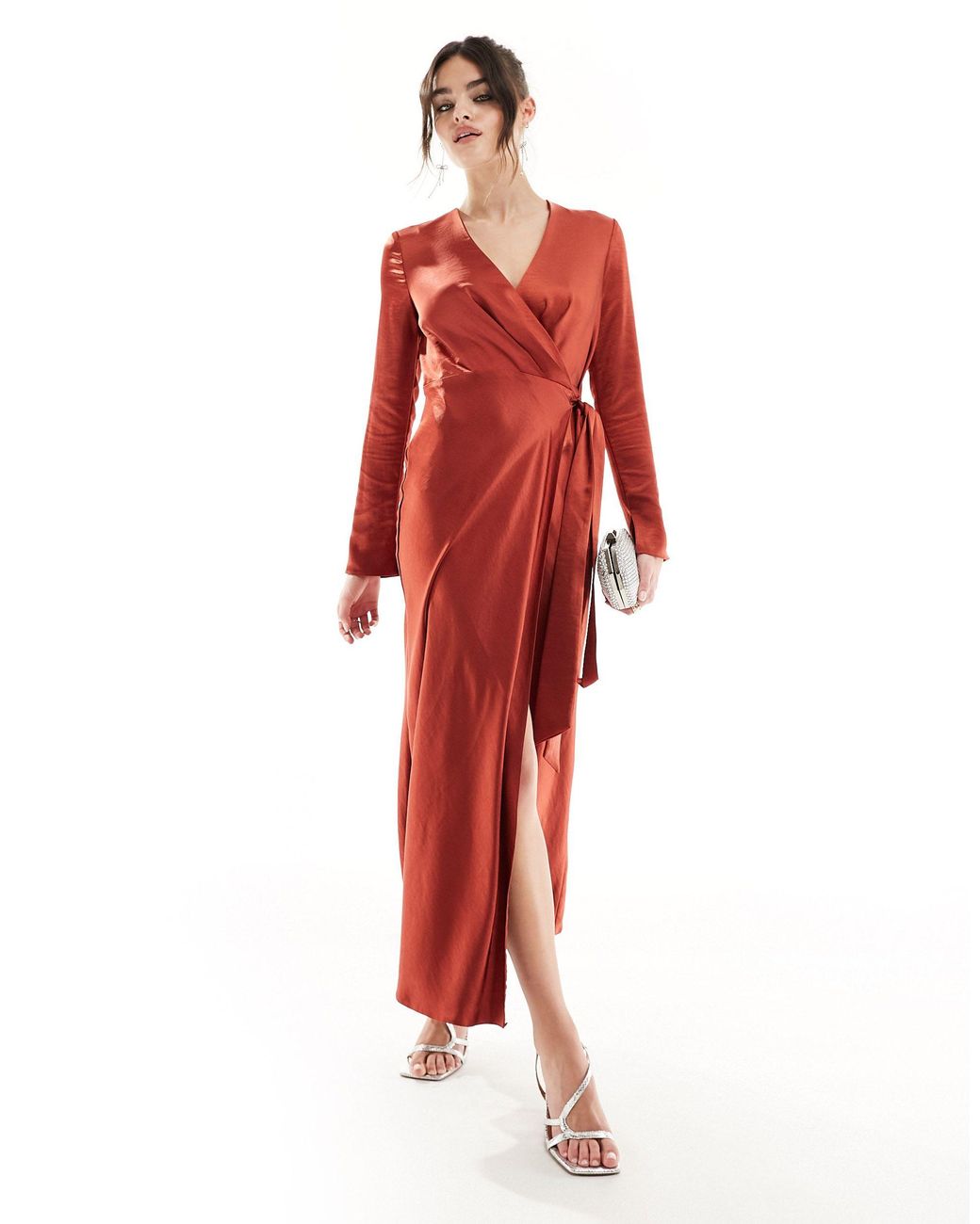 Red satin long sleeve wrap dress 2025