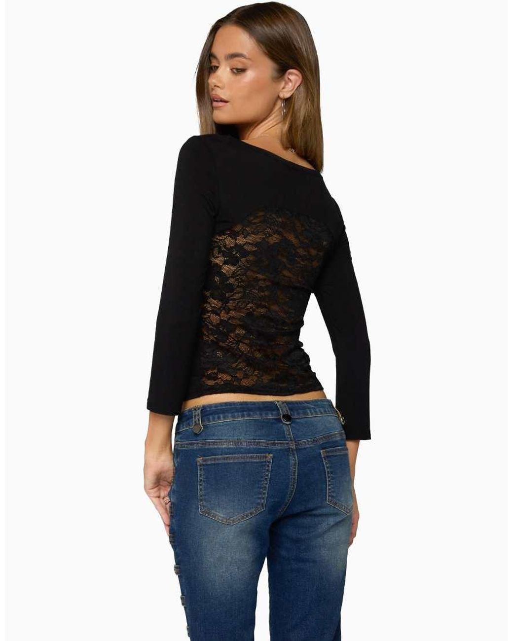 Edikted Blue Bailie Lace Back Three-Quarter Sleeve Top