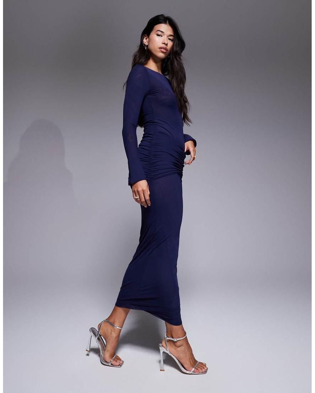 Ruched & Ready Blue Mesh Ruched Drape Detail Bodycon Maxi Skirt
