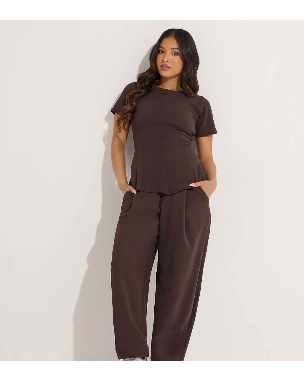 PixieGirl Brown Petite Jersey Pleated Barrel Trousers