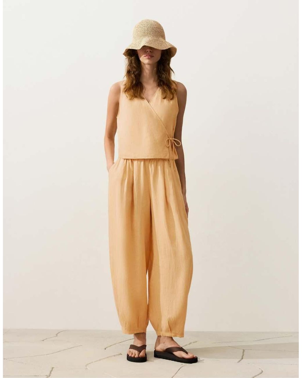 Oysho Natural 100% Linen Square Neck Crossover Tie Top
