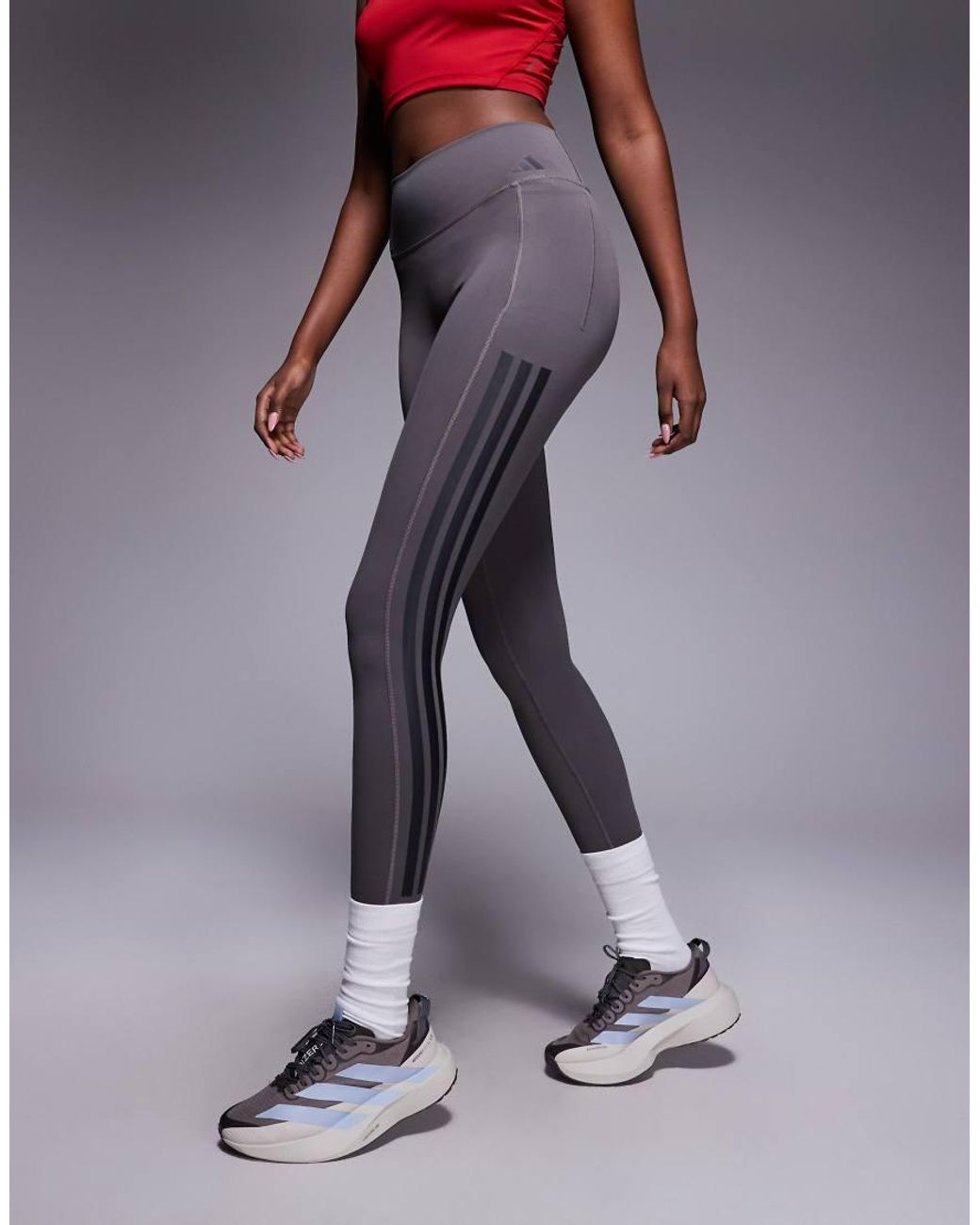 Adidas Originals Gray Adidas Training Optime 3 Stripe 7/8 Leggings
