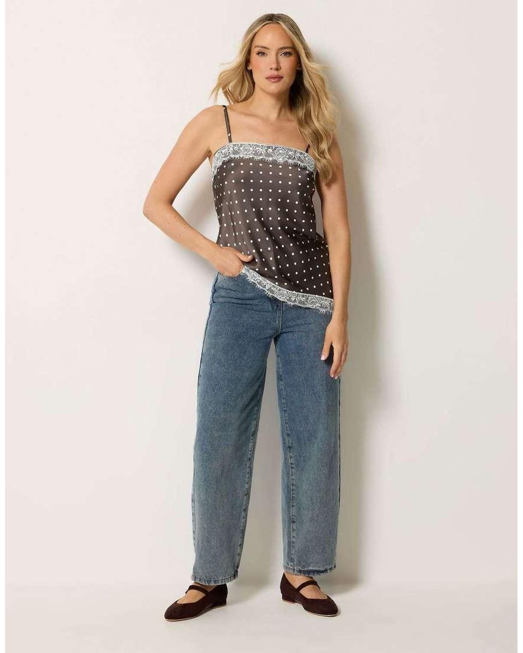 Long Tall Sally Blue Polka Dot Asymmetric Lace Cami Top
