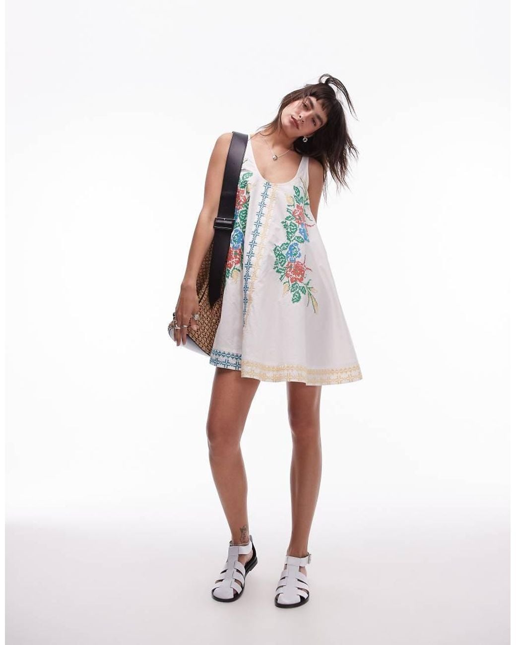TOPSHOP Mini Cross Stitch Embroidered Strappy Dress in White | Lyst UK