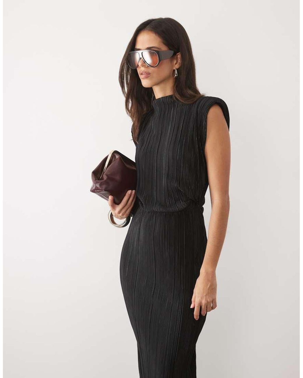 ASOS Black Plisse High Neck Column Midi Dress With Shoulder Pads