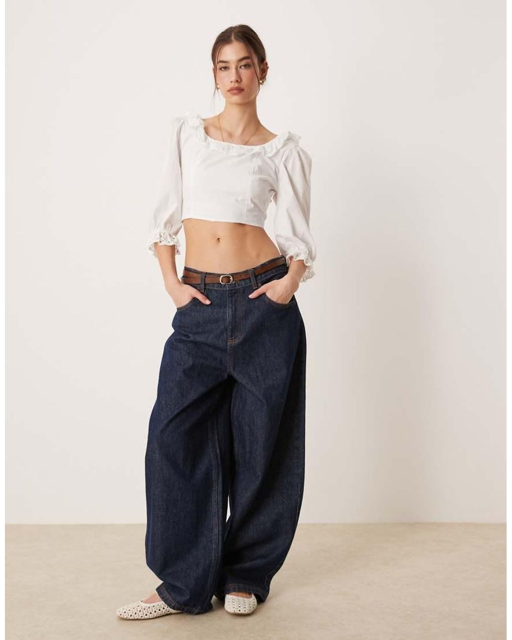 Glamorous Blue Ruffle Neckline Crop Top