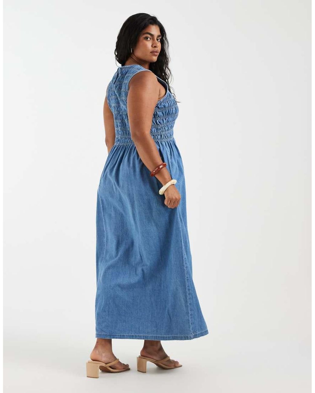 Vero Moda Blue Sleeveless Shirred Denim Midi Dress