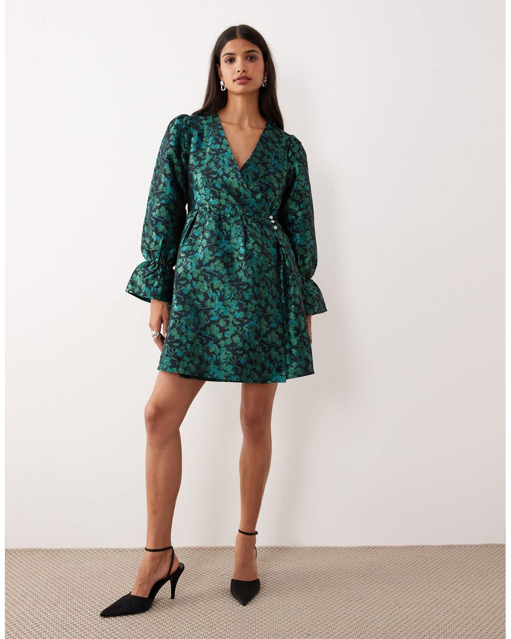 green emerald velvet dress Arabesque Floral Green Long Sleeve Mini Dress  FARM Rio