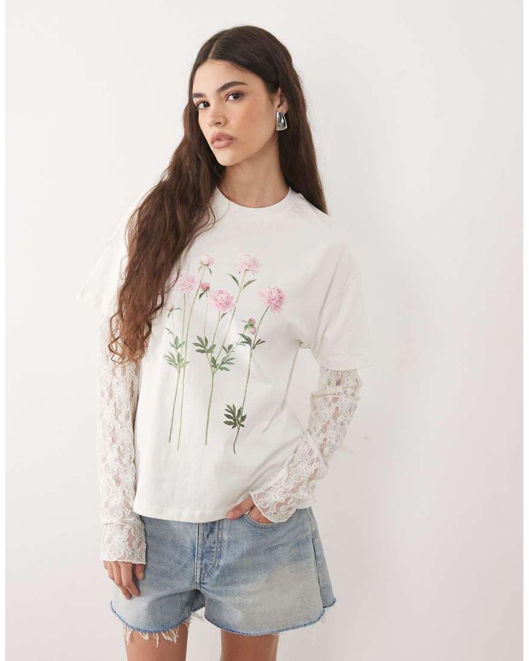 Miss Selfridge White Oversized T-shirt With Lace Sleeve And Flower Print