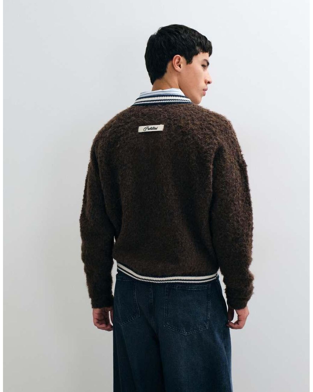 Prohibited Black V-neck Jacquard Fuzzy Knit Jumper for men