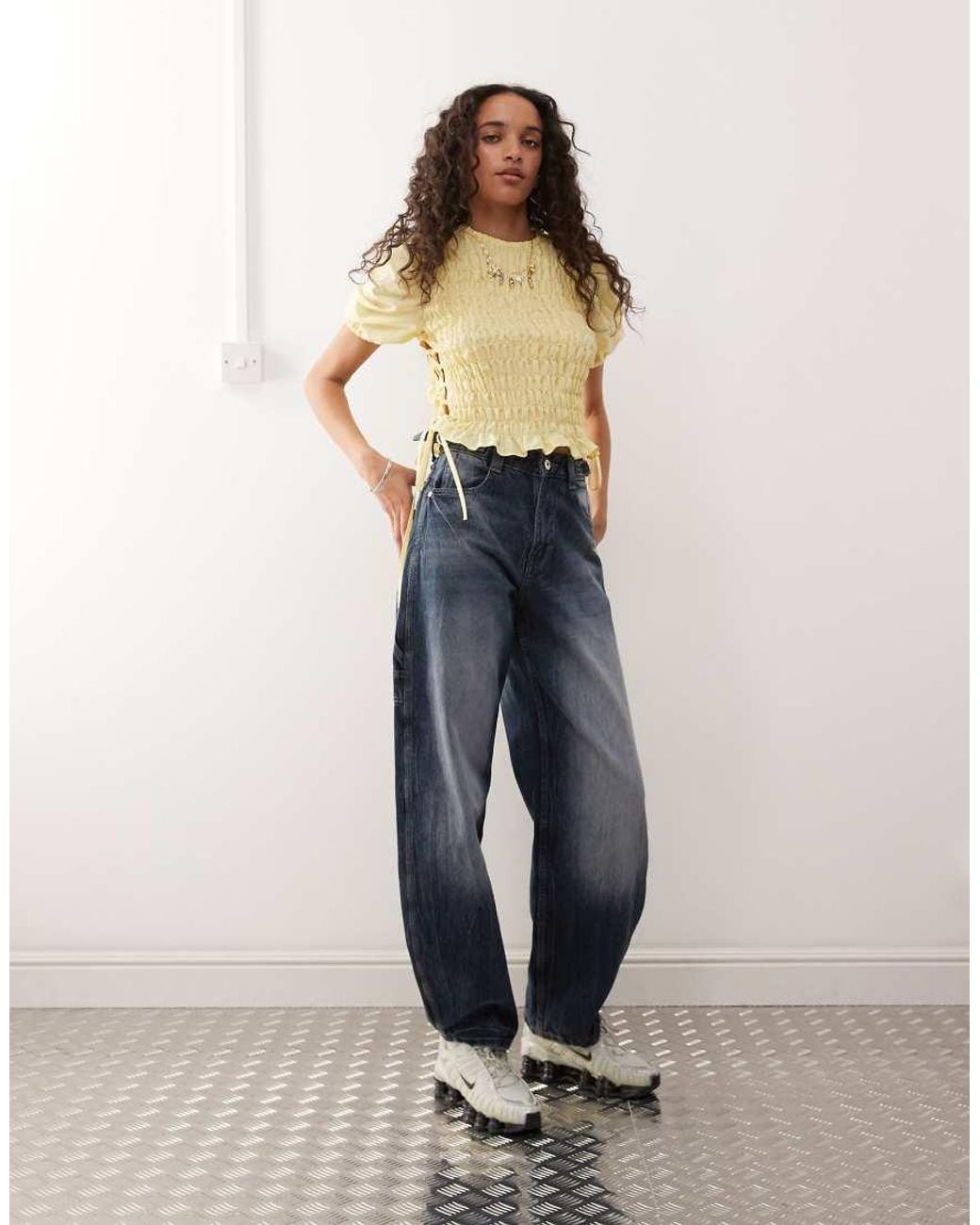 Collusion Natural Shirred Top With Lace Up Detail At Side