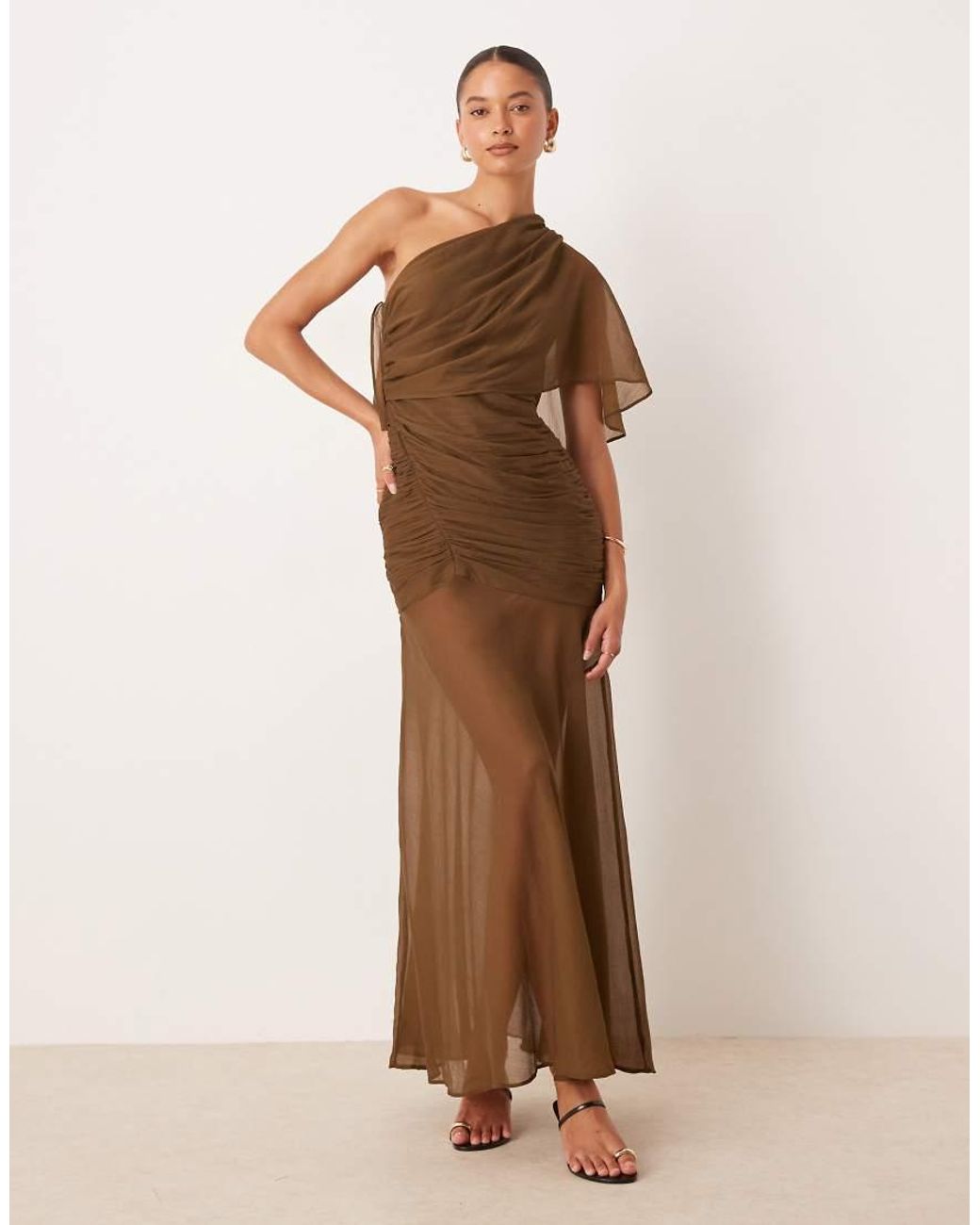 ASOS Brown Cape One Shoulder Ruched Bodice Maxi Dress