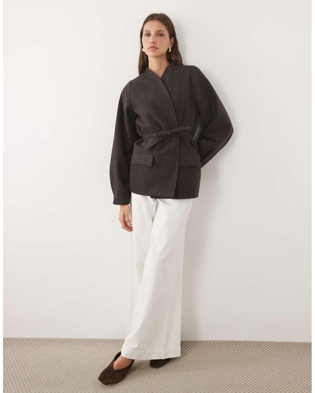 Threadbare Gray Mock Wool Collarless Belted Blazer