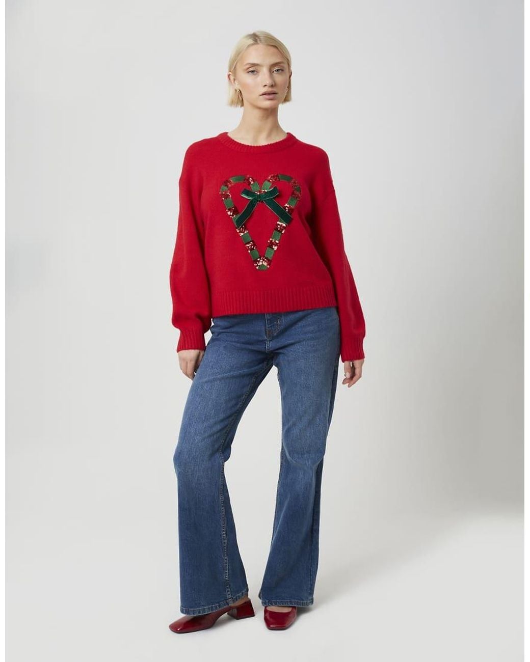 Brave Soul Red Sequin Candy Cane Christmas Jumper