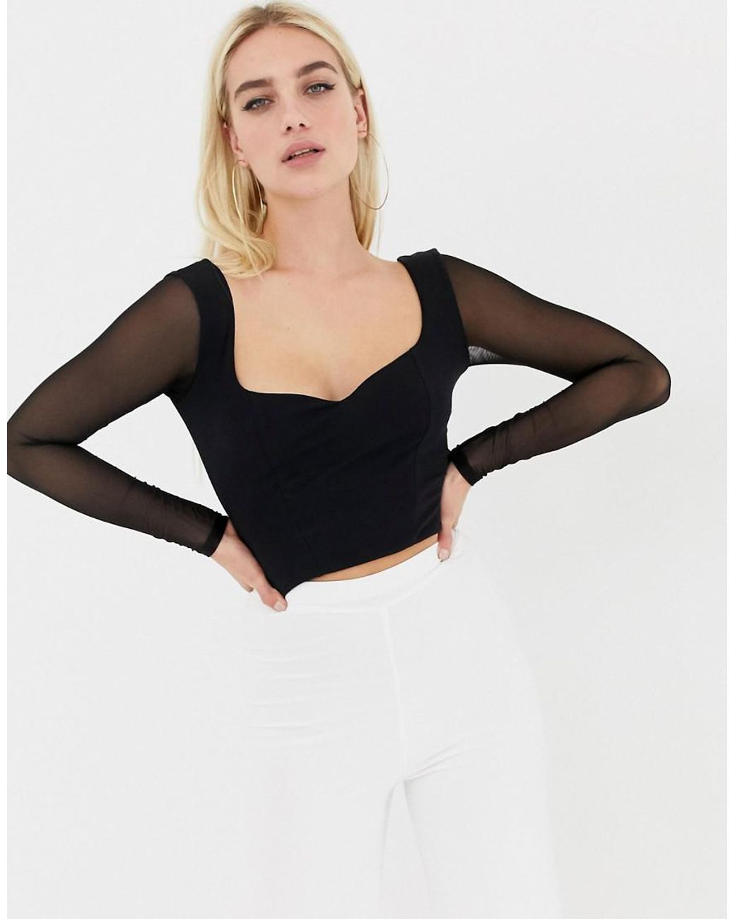 ASOS Sweetheart Neck Top With Mesh Sleeve in Black | Lyst Canada