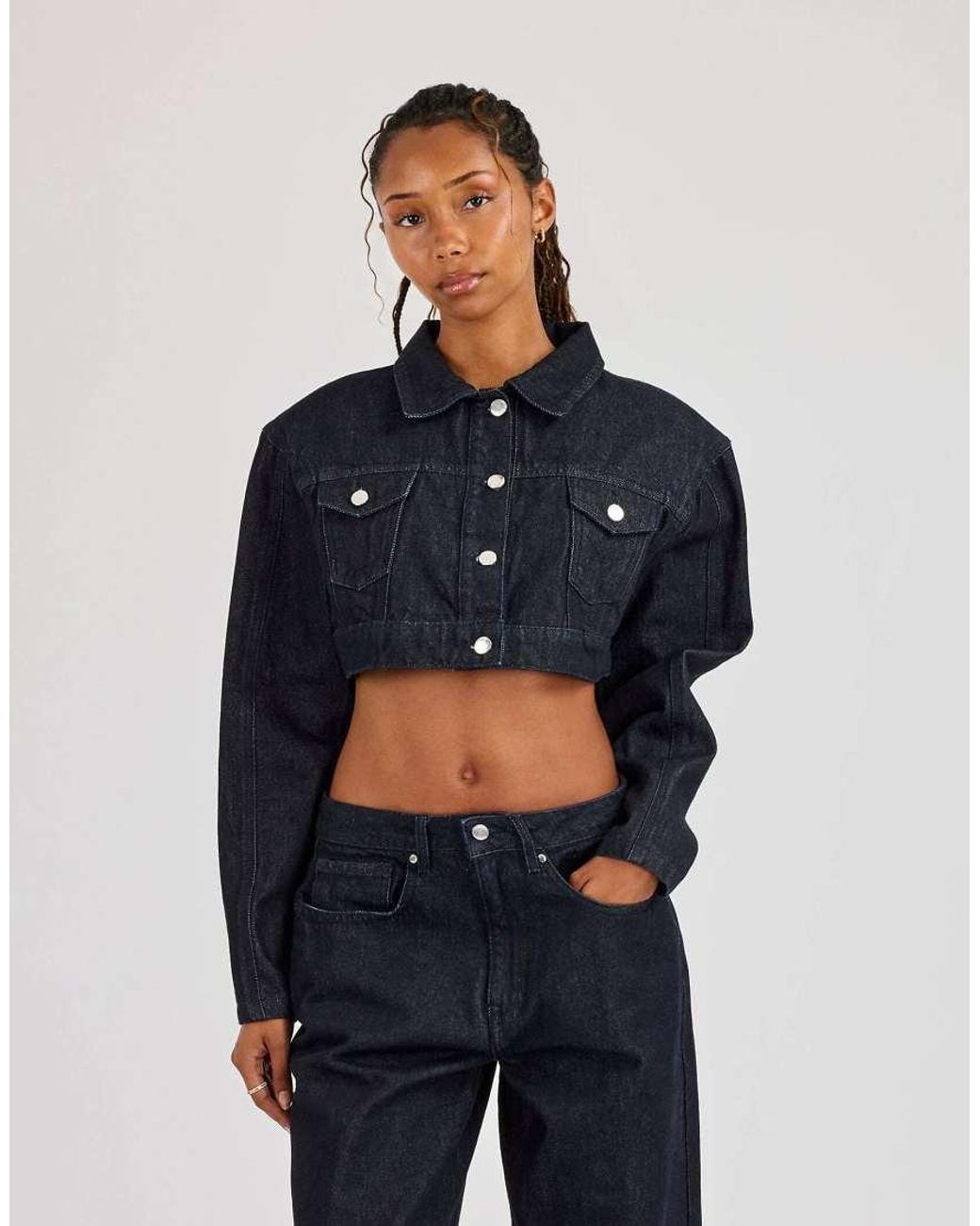 CERNUCCI Blue Super Crop Shoulder Pad Denim Jacket