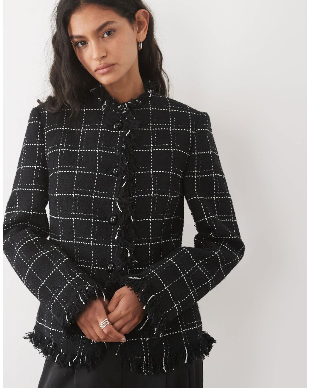 Mango White Heringbone Textured Jacket