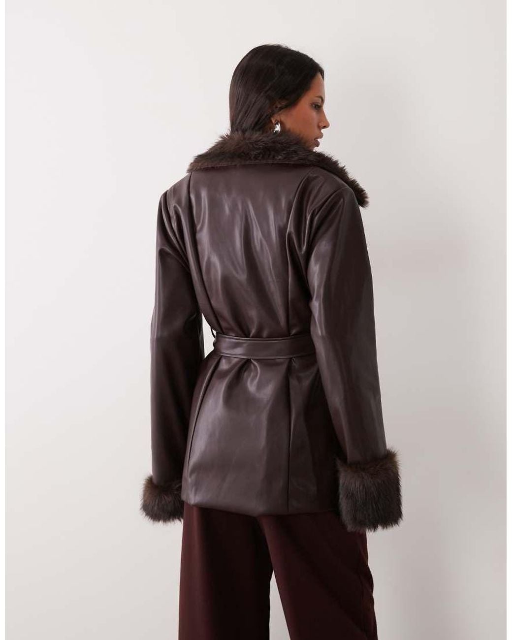 SNDY'S Black Faux Leather Faux Fur Collar & Cuff Double Breasted Belted Jacket
