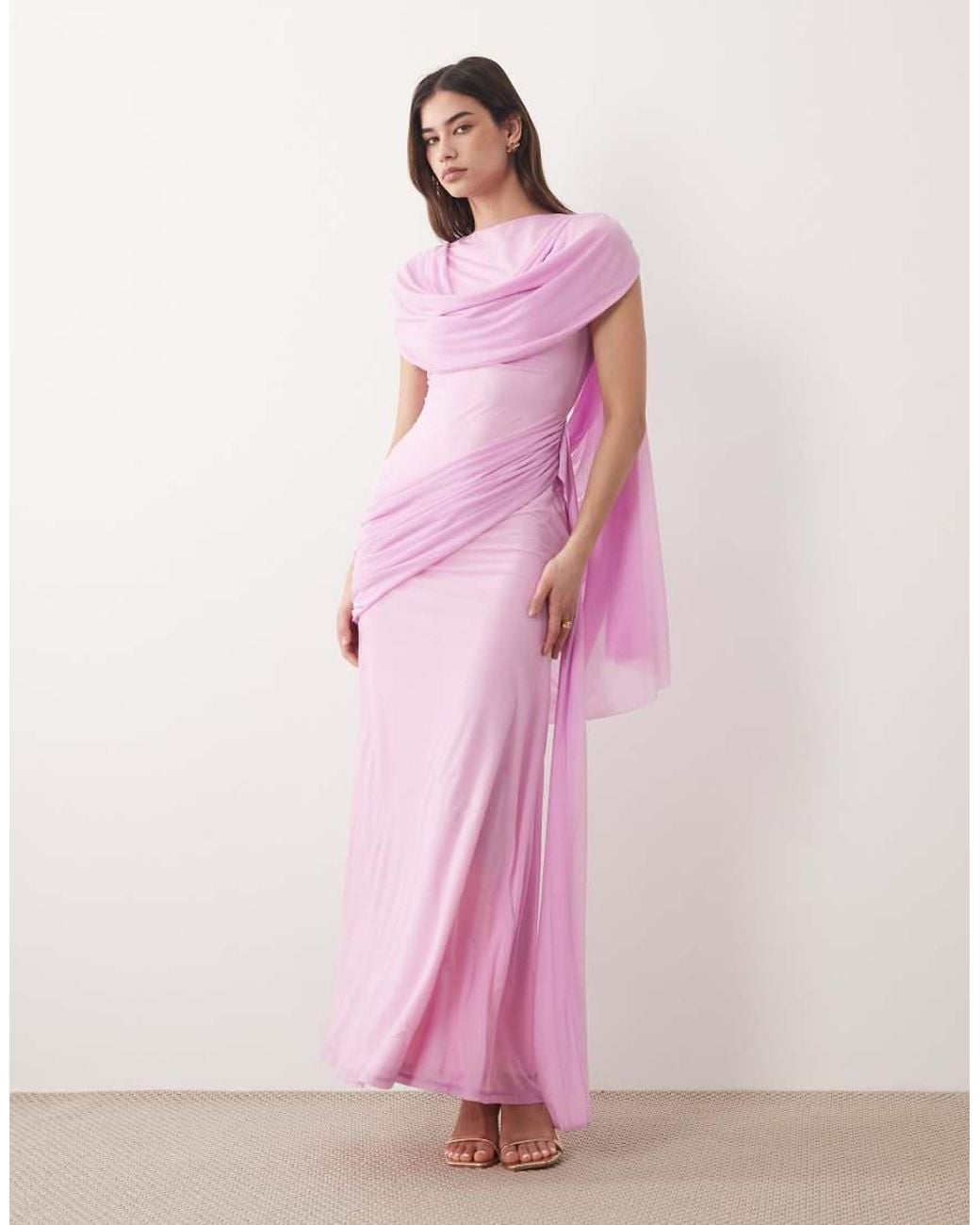 ASOS Pink Stretch Chiffon Cape Detail Cowl Maxi Dress With Sash Detail