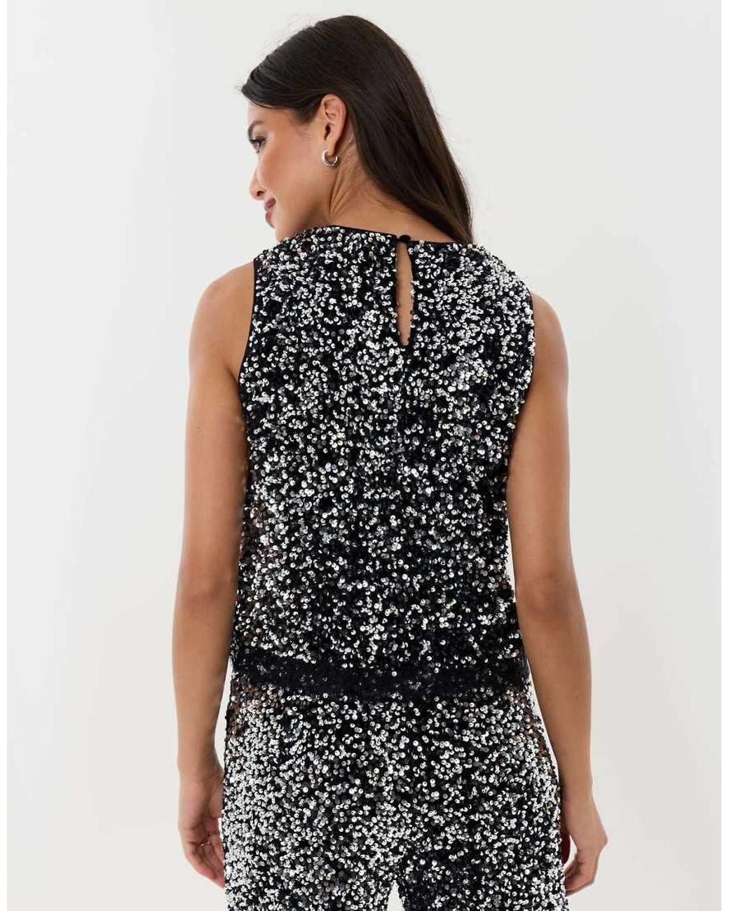 Threadbare Black Sequin Shell Top With Lace Trim