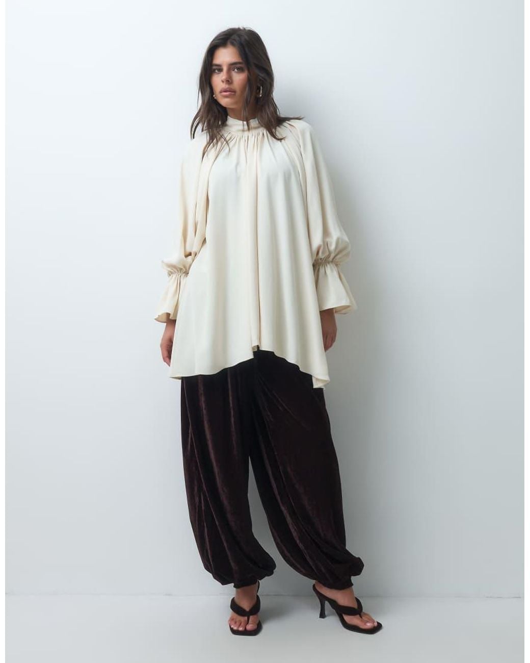 Iyal Gray Chiffon Crepe High Neck Boho Tie Sleeve Detail Blouse