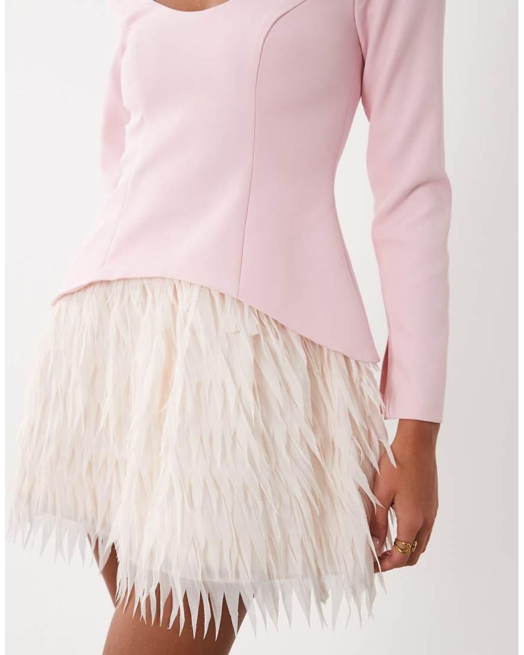 ASOS Pink Structured Long Sleeve Mini Dress With Fringe Skirt