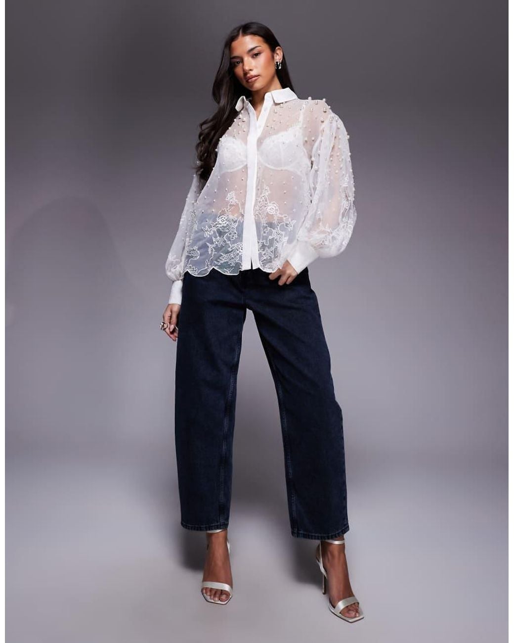 ASOS Gray Organza And Lace Mix Pearl Embellished Shirt