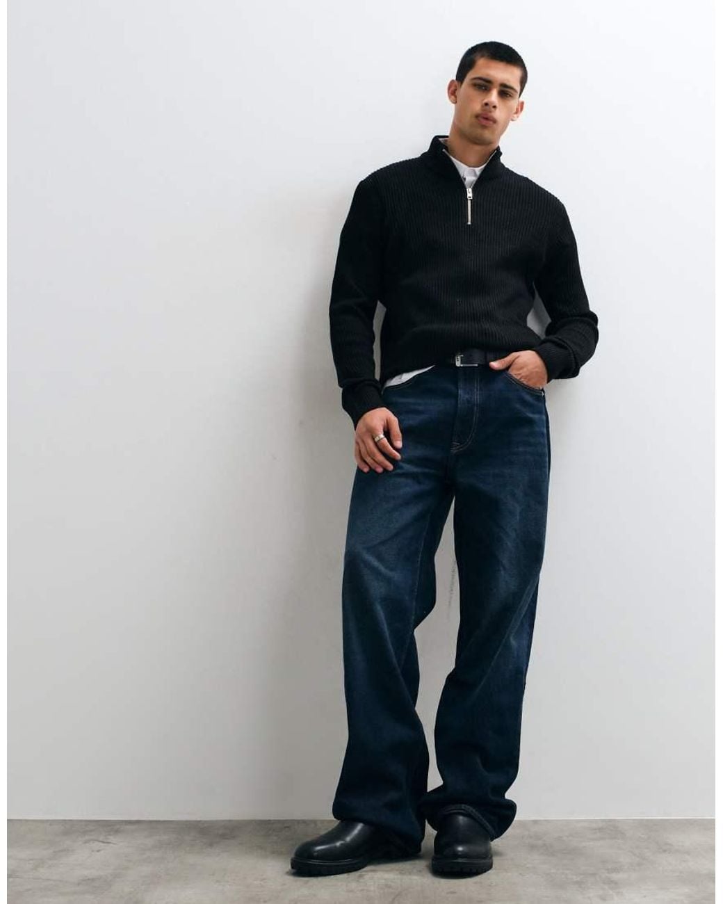 Jack & Jones Blue Fine Rib Quarter Zip Jumper for men